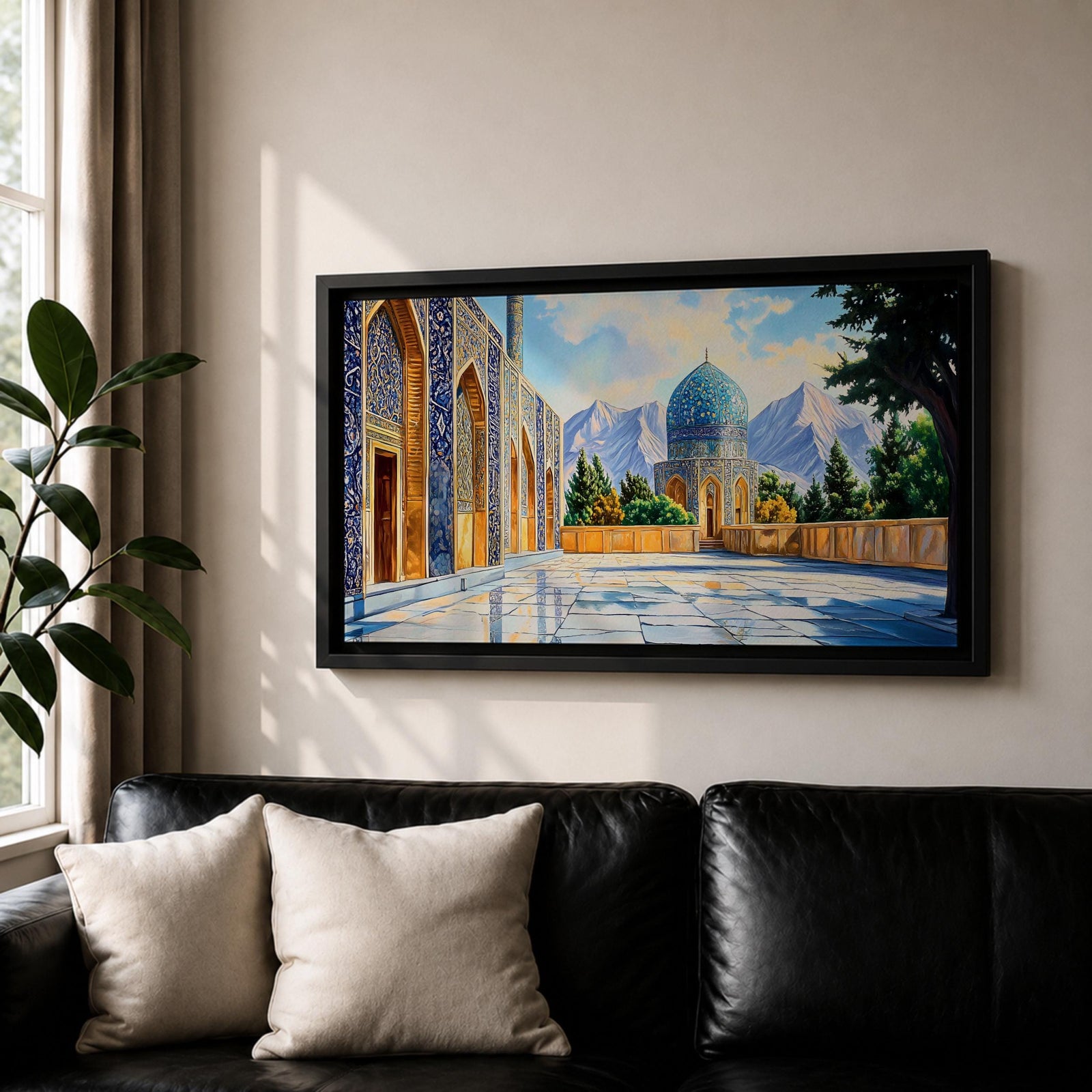 Panoramic painting of a Persian mosque courtyard featuring a blue tiled dome with intricate geometric mosaics and ornate archways along the façade. The polished stone courtyard reflects the architecture while trees and distant mountains frame the detailed Islamic architectural scene beneath a bright sky.