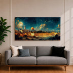 Panoramic night painting of Masjid Al Aqsa in Jerusalem featuring the golden Dome of the Rock rising above historic stone city walls. The skyline is illuminated with warm lights while a large glowing moon and dramatic clouds fill the deep blue night sky across the wide horizontal composition.