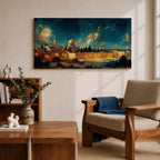 Panoramic night painting of Masjid Al Aqsa in Jerusalem featuring the golden Dome of the Rock rising above historic stone city walls. The skyline is illuminated with warm lights while a large glowing moon and dramatic clouds fill the deep blue night sky across the wide horizontal composition.