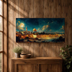 Panoramic night painting of Masjid Al Aqsa in Jerusalem featuring the golden Dome of the Rock rising above historic stone city walls. The skyline is illuminated with warm lights while a large glowing moon and dramatic clouds fill the deep blue night sky across the wide horizontal composition.