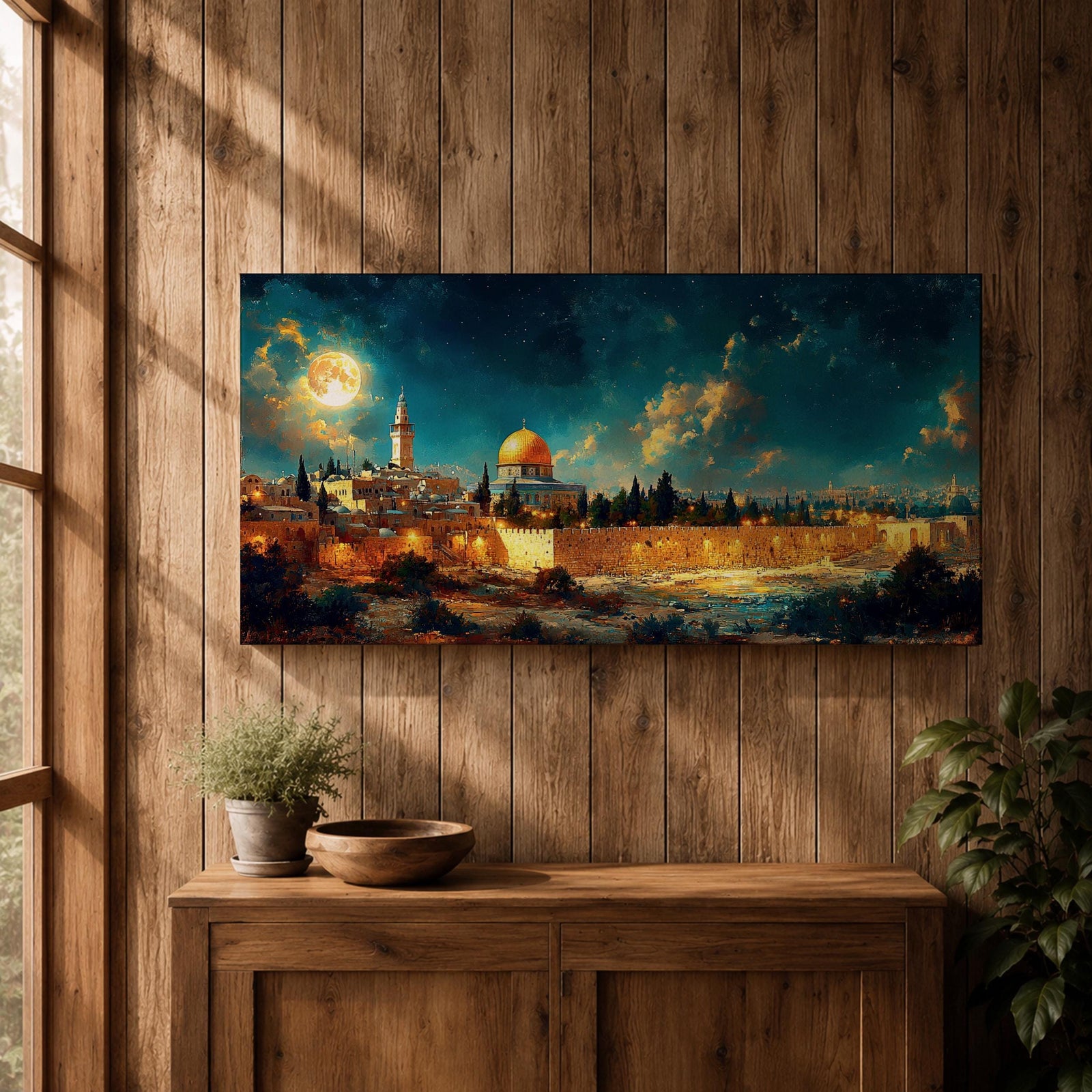 Panoramic night painting of Masjid Al Aqsa in Jerusalem featuring the golden Dome of the Rock rising above historic stone city walls. The skyline is illuminated with warm lights while a large glowing moon and dramatic clouds fill the deep blue night sky across the wide horizontal composition.