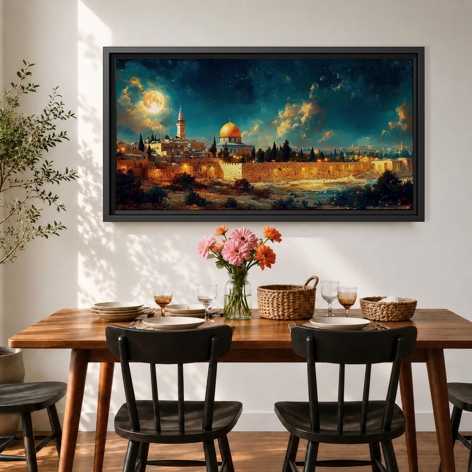 Panoramic night painting of Masjid Al Aqsa in Jerusalem featuring the golden Dome of the Rock rising above historic stone city walls. The skyline is illuminated with warm lights while a large glowing moon and dramatic clouds fill the deep blue night sky across the wide horizontal composition.