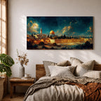 Panoramic night painting of Masjid Al Aqsa in Jerusalem featuring the golden Dome of the Rock rising above historic stone city walls. The skyline is illuminated with warm lights while a large glowing moon and dramatic clouds fill the deep blue night sky across the wide horizontal composition.
