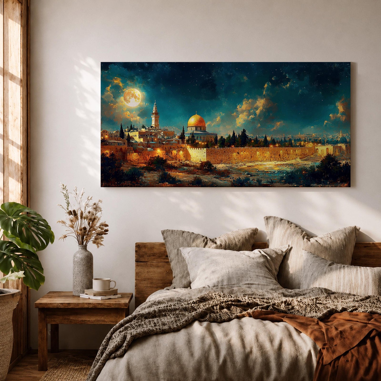 Panoramic night painting of Masjid Al Aqsa in Jerusalem featuring the golden Dome of the Rock rising above historic stone city walls. The skyline is illuminated with warm lights while a large glowing moon and dramatic clouds fill the deep blue night sky across the wide horizontal composition.