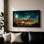 Panoramic night painting of Masjid Al Aqsa in Jerusalem featuring the golden Dome of the Rock rising above historic stone city walls. The skyline is illuminated with warm lights while a large glowing moon and dramatic clouds fill the deep blue night sky across the wide horizontal composition.