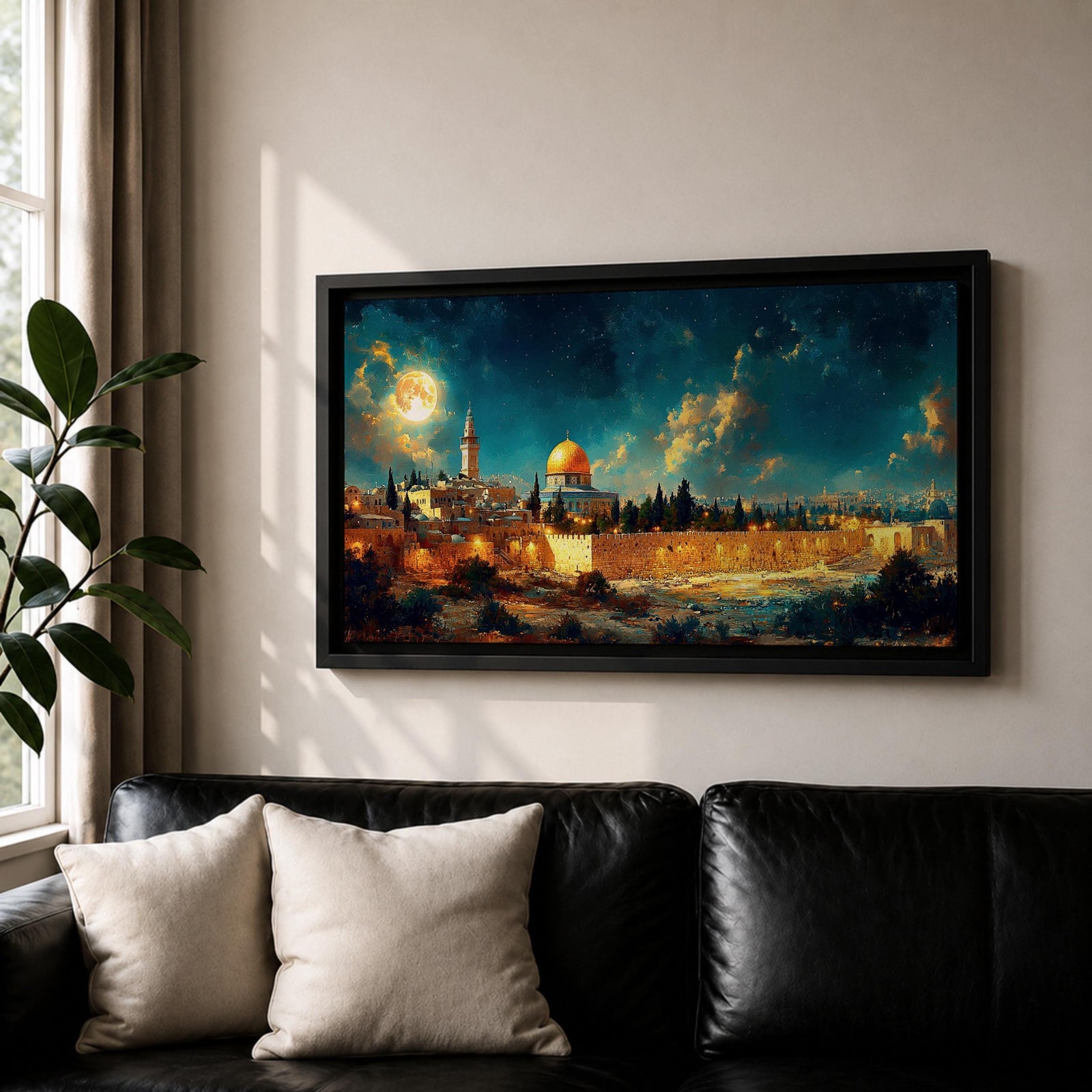 Panoramic night painting of Masjid Al Aqsa in Jerusalem featuring the golden Dome of the Rock rising above historic stone city walls. The skyline is illuminated with warm lights while a large glowing moon and dramatic clouds fill the deep blue night sky across the wide horizontal composition.