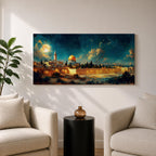 Panoramic night painting of Masjid Al Aqsa in Jerusalem featuring the golden Dome of the Rock rising above historic stone city walls. The skyline is illuminated with warm lights while a large glowing moon and dramatic clouds fill the deep blue night sky across the wide horizontal composition.