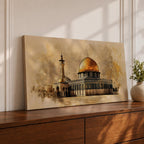 A panoramic artwork of the Dome of the Rock featuring its iconic gold dome and detailed architectural facade, rendered in a textured antique style with soft earthy tones and subtle atmospheric blending, capturing the structure’s symmetry and presence across a wide composition with refined depth and balance.