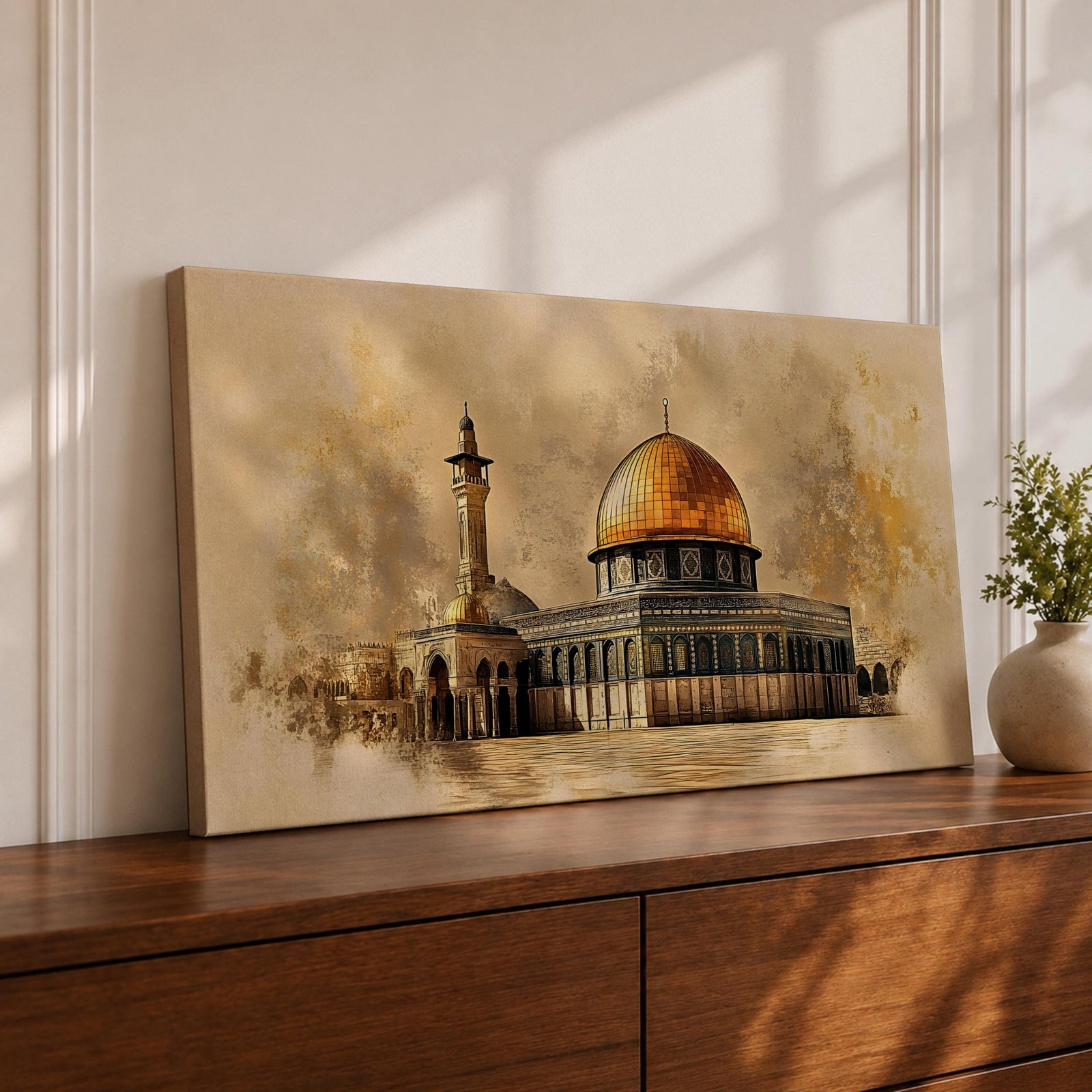 A panoramic artwork of the Dome of the Rock featuring its iconic gold dome and detailed architectural facade, rendered in a textured antique style with soft earthy tones and subtle atmospheric blending, capturing the structure’s symmetry and presence across a wide composition with refined depth and balance.