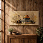 A panoramic artwork of the Dome of the Rock featuring its iconic gold dome and detailed architectural facade, rendered in a textured antique style with soft earthy tones and subtle atmospheric blending, capturing the structure’s symmetry and presence across a wide composition with refined depth and balance.