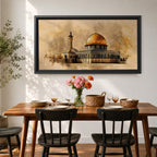 A panoramic artwork of the Dome of the Rock featuring its iconic gold dome and detailed architectural facade, rendered in a textured antique style with soft earthy tones and subtle atmospheric blending, capturing the structure’s symmetry and presence across a wide composition with refined depth and balance.