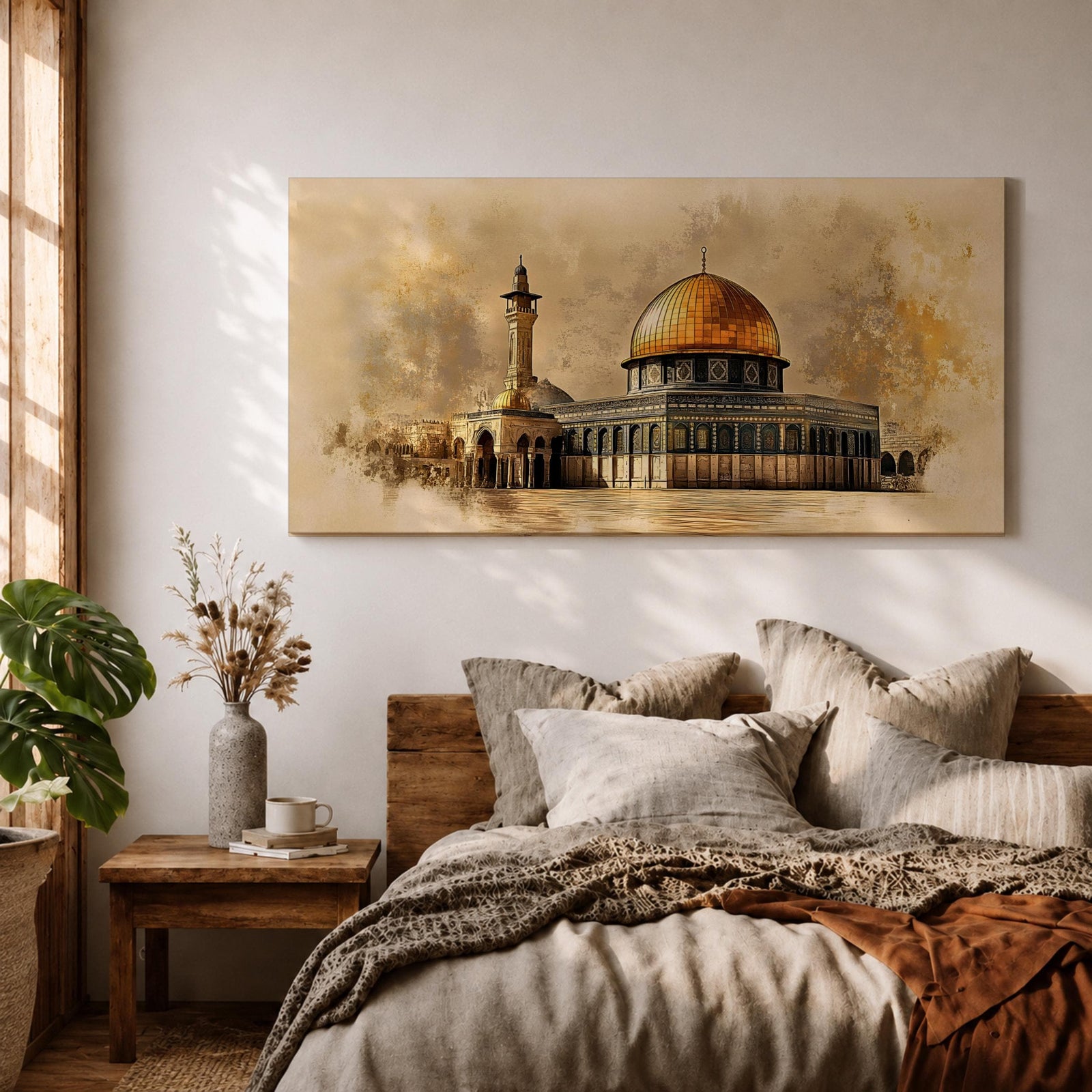 A panoramic artwork of the Dome of the Rock featuring its iconic gold dome and detailed architectural facade, rendered in a textured antique style with soft earthy tones and subtle atmospheric blending, capturing the structure’s symmetry and presence across a wide composition with refined depth and balance.