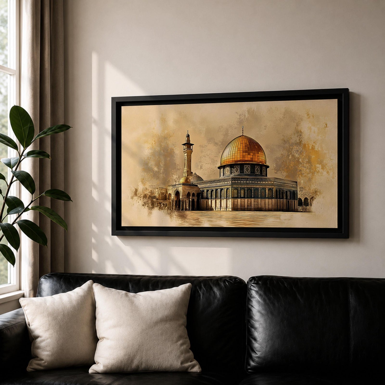 A panoramic artwork of the Dome of the Rock featuring its iconic gold dome and detailed architectural facade, rendered in a textured antique style with soft earthy tones and subtle atmospheric blending, capturing the structure’s symmetry and presence across a wide composition with refined depth and balance.