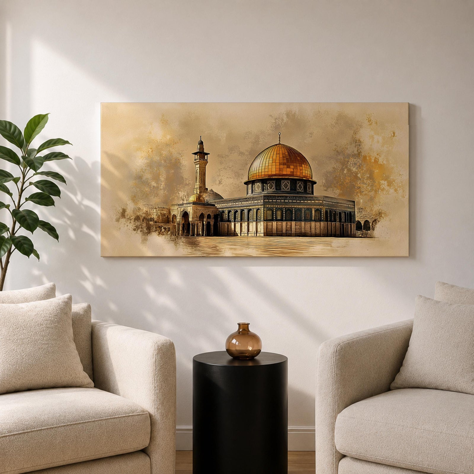 A panoramic artwork of the Dome of the Rock featuring its iconic gold dome and detailed architectural facade, rendered in a textured antique style with soft earthy tones and subtle atmospheric blending, capturing the structure’s symmetry and presence across a wide composition with refined depth and balance.