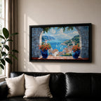 A panoramic painting of a Mediterranean seaside village viewed through a stone arch window, featuring blue ocean waters, sailboats, terracotta rooftops, and vibrant floral pots.