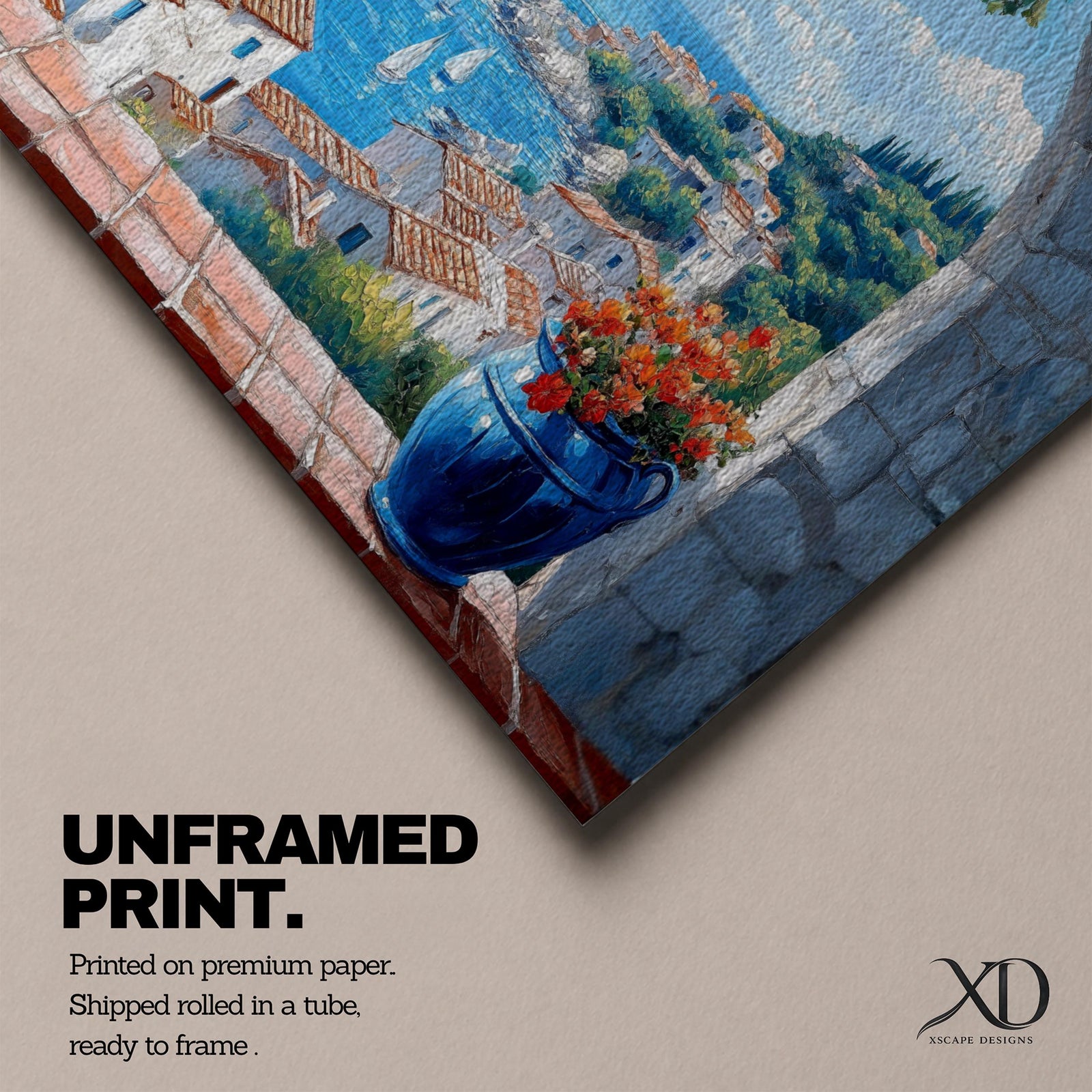 A panoramic painting of a Mediterranean seaside village viewed through a stone arch window, featuring blue ocean waters, sailboats, terracotta rooftops, and vibrant floral pots.