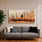 A panoramic painting of Masjid Al Nabawi in Medina featuring the iconic green dome and tall minarets, surrounded by a glowing courtyard, rendered in a warm impressionistic style with soft textures and golden light across a wide architectural composition.