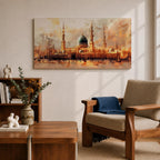 A panoramic painting of Masjid Al Nabawi in Medina featuring the iconic green dome and tall minarets, surrounded by a glowing courtyard, rendered in a warm impressionistic style with soft textures and golden light across a wide architectural composition.