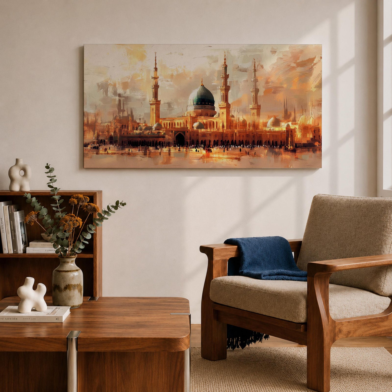 A panoramic painting of Masjid Al Nabawi in Medina featuring the iconic green dome and tall minarets, surrounded by a glowing courtyard, rendered in a warm impressionistic style with soft textures and golden light across a wide architectural composition.