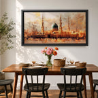 A panoramic painting of Masjid Al Nabawi in Medina featuring the iconic green dome and tall minarets, surrounded by a glowing courtyard, rendered in a warm impressionistic style with soft textures and golden light across a wide architectural composition.
