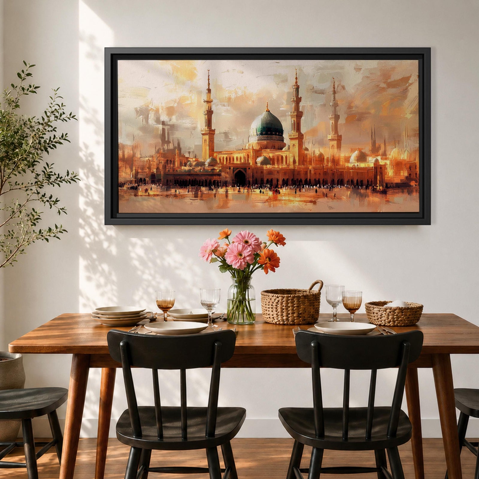 A panoramic painting of Masjid Al Nabawi in Medina featuring the iconic green dome and tall minarets, surrounded by a glowing courtyard, rendered in a warm impressionistic style with soft textures and golden light across a wide architectural composition.