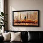 A panoramic painting of Masjid Al Nabawi in Medina featuring the iconic green dome and tall minarets, surrounded by a glowing courtyard, rendered in a warm impressionistic style with soft textures and golden light across a wide architectural composition.