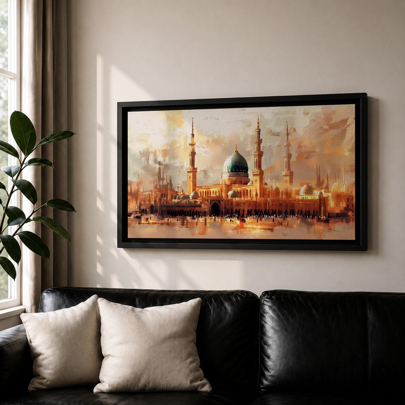 A panoramic painting of Masjid Al Nabawi in Medina featuring the iconic green dome and tall minarets, surrounded by a glowing courtyard, rendered in a warm impressionistic style with soft textures and golden light across a wide architectural composition.