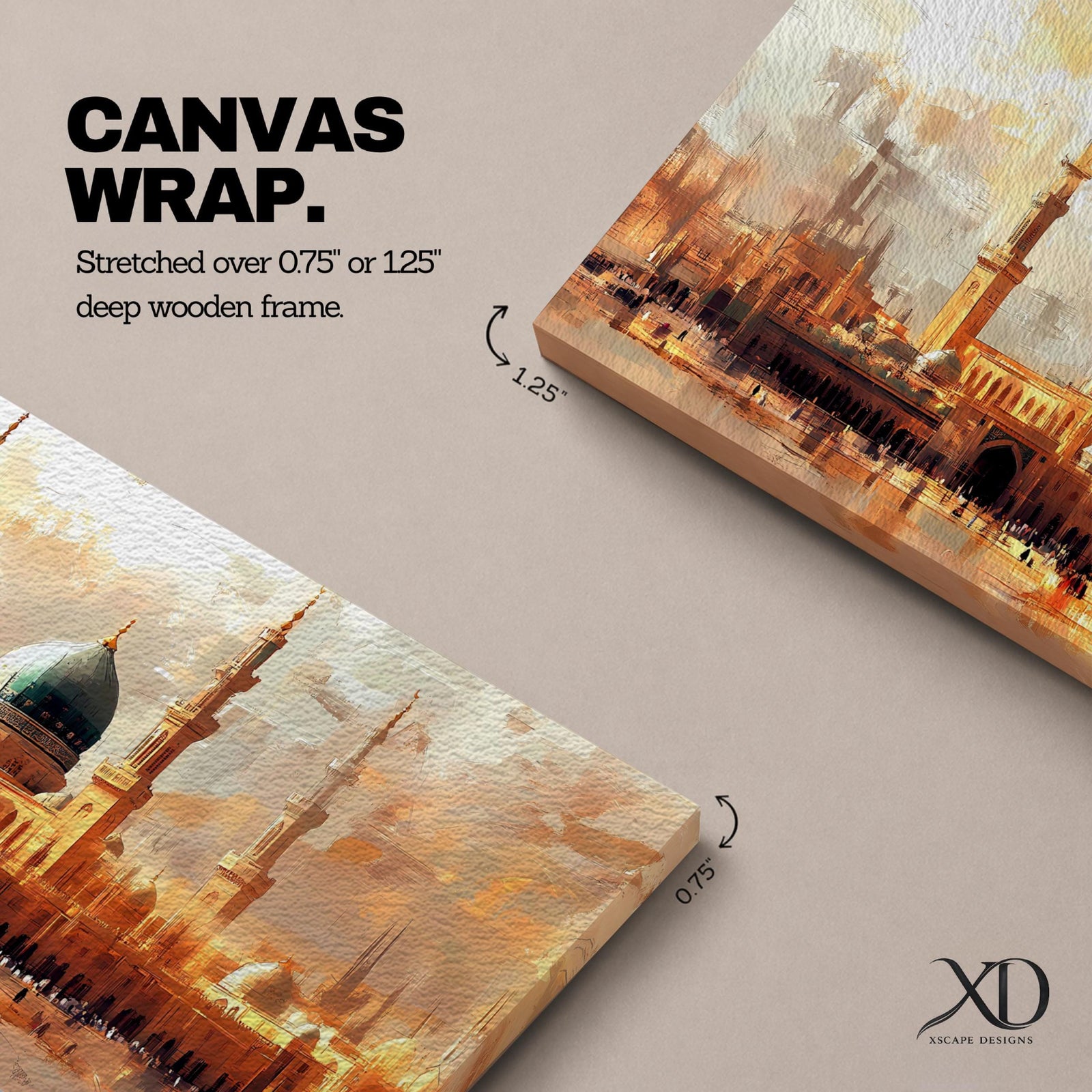 A panoramic painting of Masjid Al Nabawi in Medina featuring the iconic green dome and tall minarets, surrounded by a glowing courtyard, rendered in a warm impressionistic style with soft textures and golden light across a wide architectural composition.