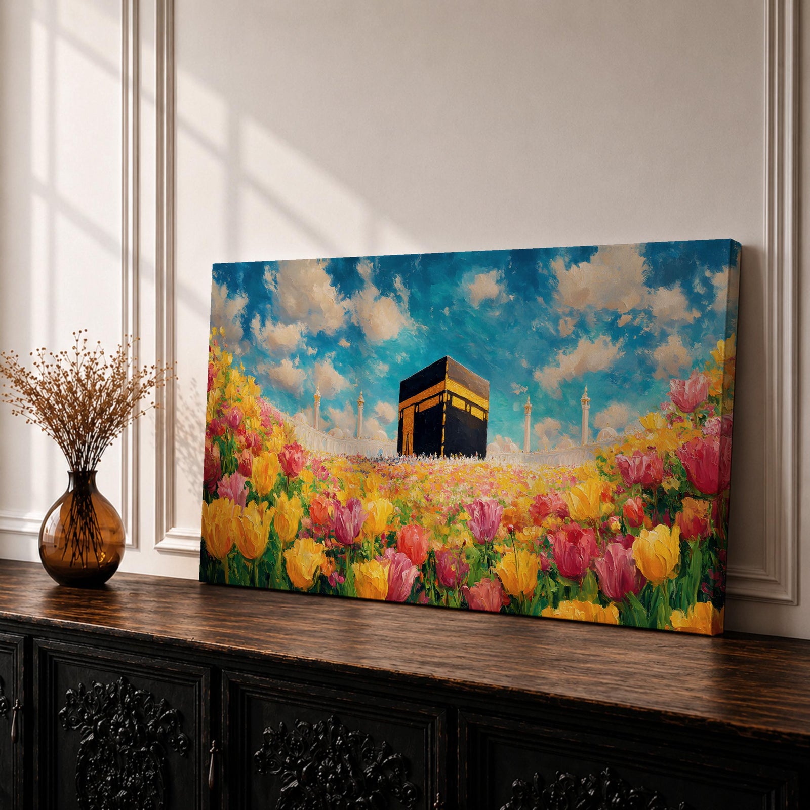 A panoramic painting of the Kaaba at Masjid Al Haram set within a vibrant field of blooming flowers, rendered in a bright impressionistic style with rich colors, textured brushstrokes, and a luminous sky, blending sacred architecture with a colorful floral landscape across an extra wide composition.