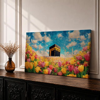 A panoramic painting of the Kaaba at Masjid Al Haram set within a vibrant field of blooming flowers, rendered in a bright impressionistic style with rich colors, textured brushstrokes, and a luminous sky, blending sacred architecture with a colorful floral landscape across an extra wide composition.
