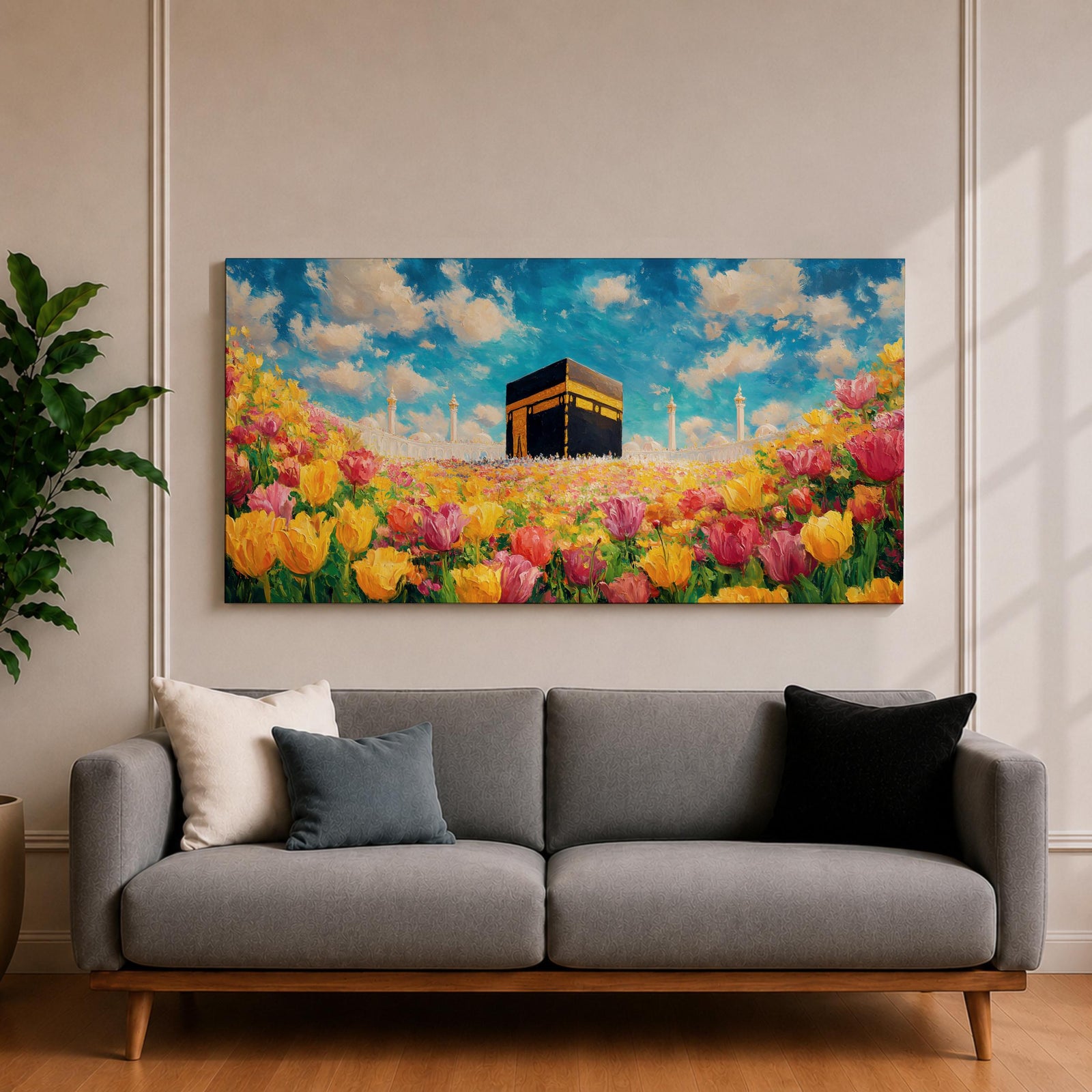 A panoramic painting of the Kaaba at Masjid Al Haram set within a vibrant field of blooming flowers, rendered in a bright impressionistic style with rich colors, textured brushstrokes, and a luminous sky, blending sacred architecture with a colorful floral landscape across an extra wide composition.