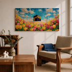 A panoramic painting of the Kaaba at Masjid Al Haram set within a vibrant field of blooming flowers, rendered in a bright impressionistic style with rich colors, textured brushstrokes, and a luminous sky, blending sacred architecture with a colorful floral landscape across an extra wide composition.