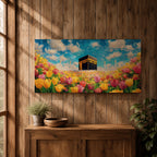 A panoramic painting of the Kaaba at Masjid Al Haram set within a vibrant field of blooming flowers, rendered in a bright impressionistic style with rich colors, textured brushstrokes, and a luminous sky, blending sacred architecture with a colorful floral landscape across an extra wide composition.
