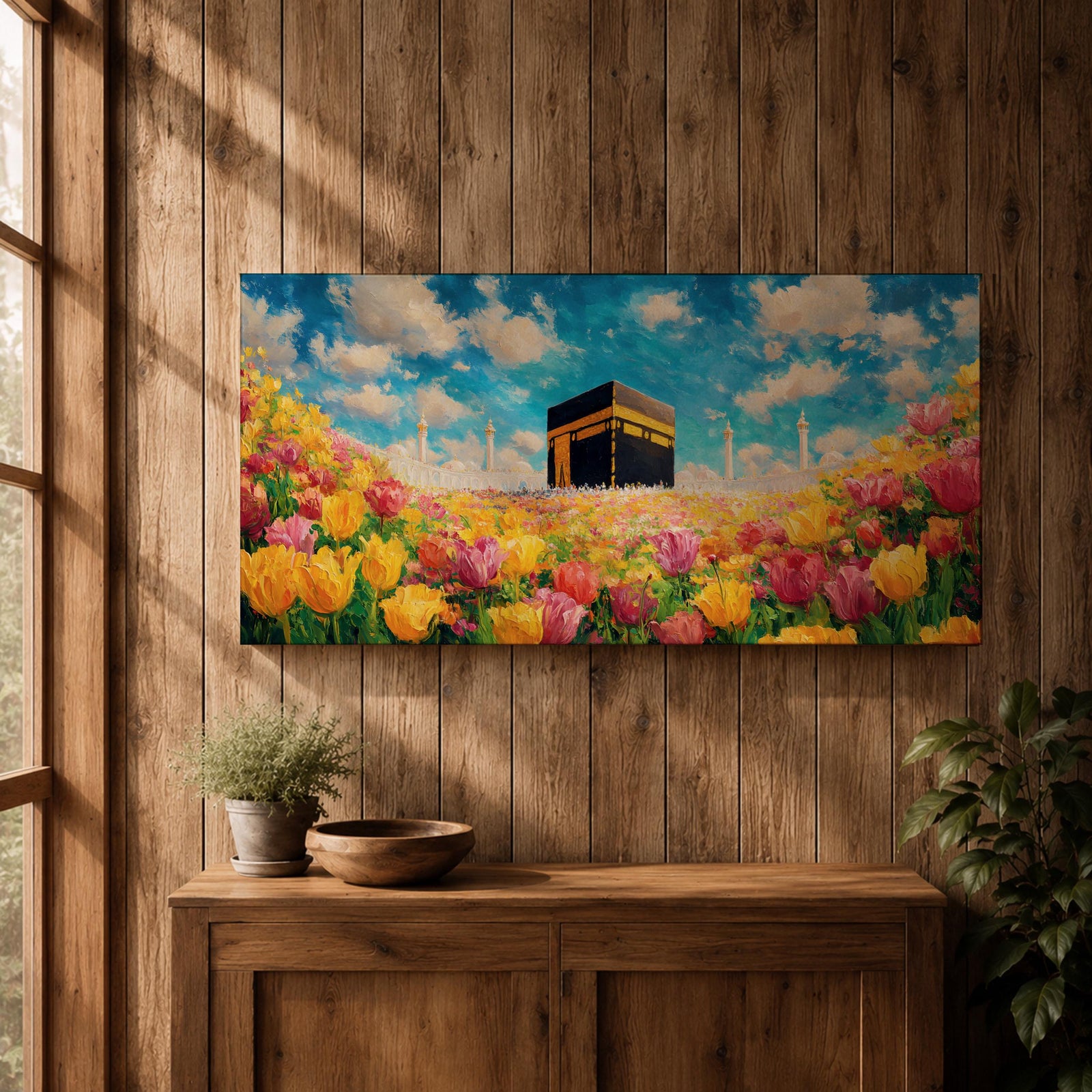 A panoramic painting of the Kaaba at Masjid Al Haram set within a vibrant field of blooming flowers, rendered in a bright impressionistic style with rich colors, textured brushstrokes, and a luminous sky, blending sacred architecture with a colorful floral landscape across an extra wide composition.