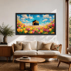 A panoramic painting of the Kaaba at Masjid Al Haram set within a vibrant field of blooming flowers, rendered in a bright impressionistic style with rich colors, textured brushstrokes, and a luminous sky, blending sacred architecture with a colorful floral landscape across an extra wide composition.