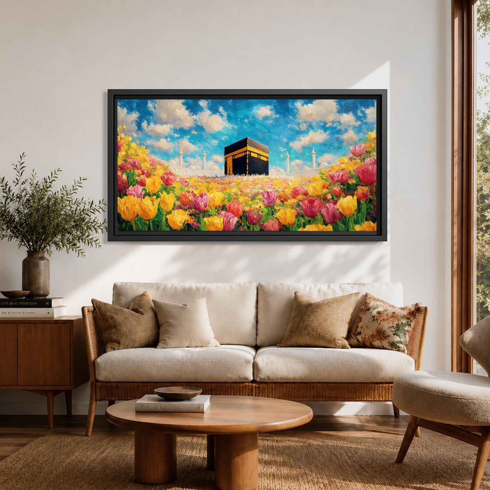 A panoramic painting of the Kaaba at Masjid Al Haram set within a vibrant field of blooming flowers, rendered in a bright impressionistic style with rich colors, textured brushstrokes, and a luminous sky, blending sacred architecture with a colorful floral landscape across an extra wide composition.