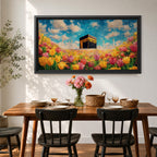 A panoramic painting of the Kaaba at Masjid Al Haram set within a vibrant field of blooming flowers, rendered in a bright impressionistic style with rich colors, textured brushstrokes, and a luminous sky, blending sacred architecture with a colorful floral landscape across an extra wide composition.