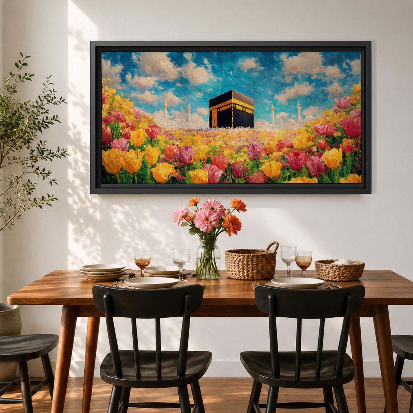 A panoramic painting of the Kaaba at Masjid Al Haram set within a vibrant field of blooming flowers, rendered in a bright impressionistic style with rich colors, textured brushstrokes, and a luminous sky, blending sacred architecture with a colorful floral landscape across an extra wide composition.