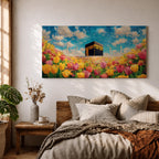 A panoramic painting of the Kaaba at Masjid Al Haram set within a vibrant field of blooming flowers, rendered in a bright impressionistic style with rich colors, textured brushstrokes, and a luminous sky, blending sacred architecture with a colorful floral landscape across an extra wide composition.