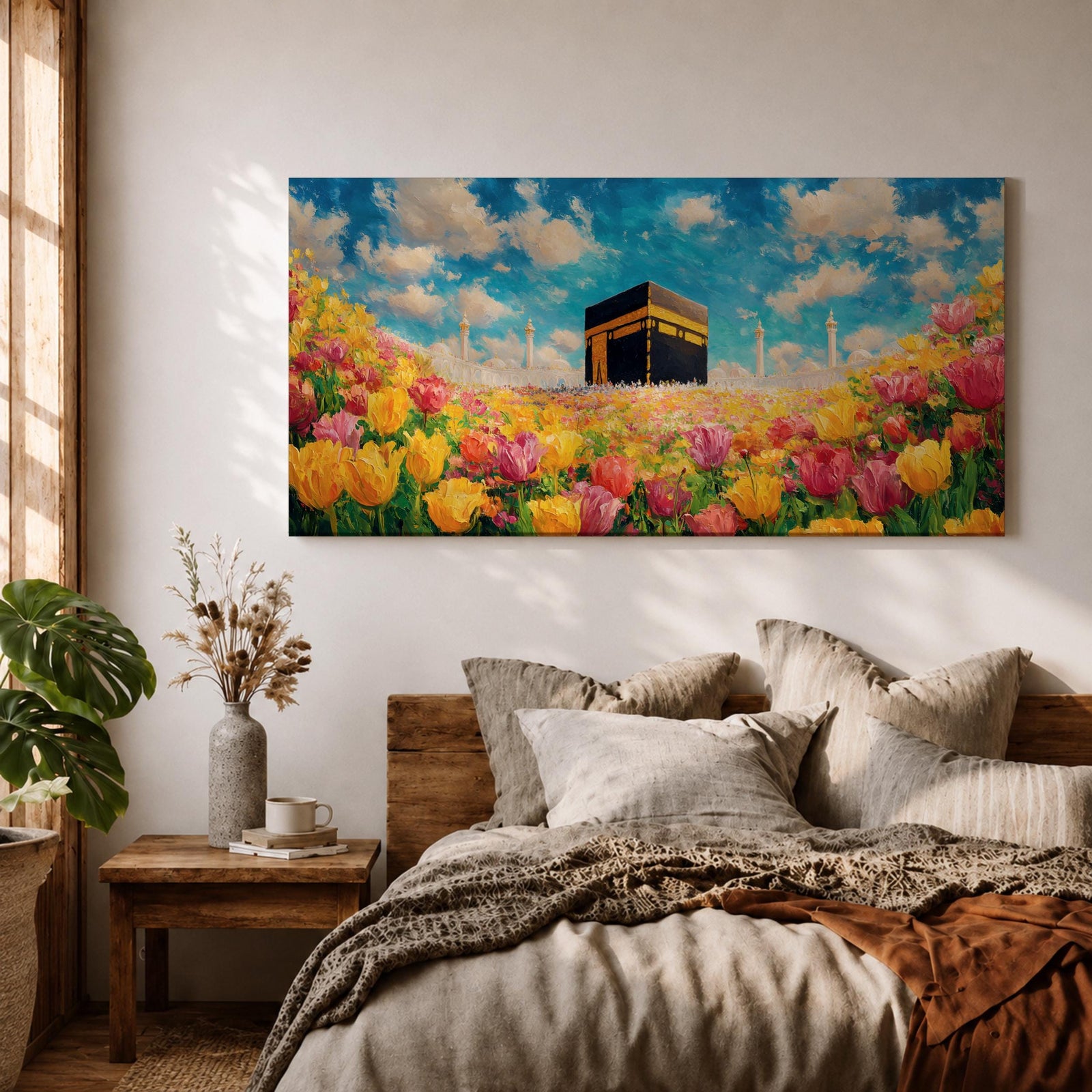 A panoramic painting of the Kaaba at Masjid Al Haram set within a vibrant field of blooming flowers, rendered in a bright impressionistic style with rich colors, textured brushstrokes, and a luminous sky, blending sacred architecture with a colorful floral landscape across an extra wide composition.