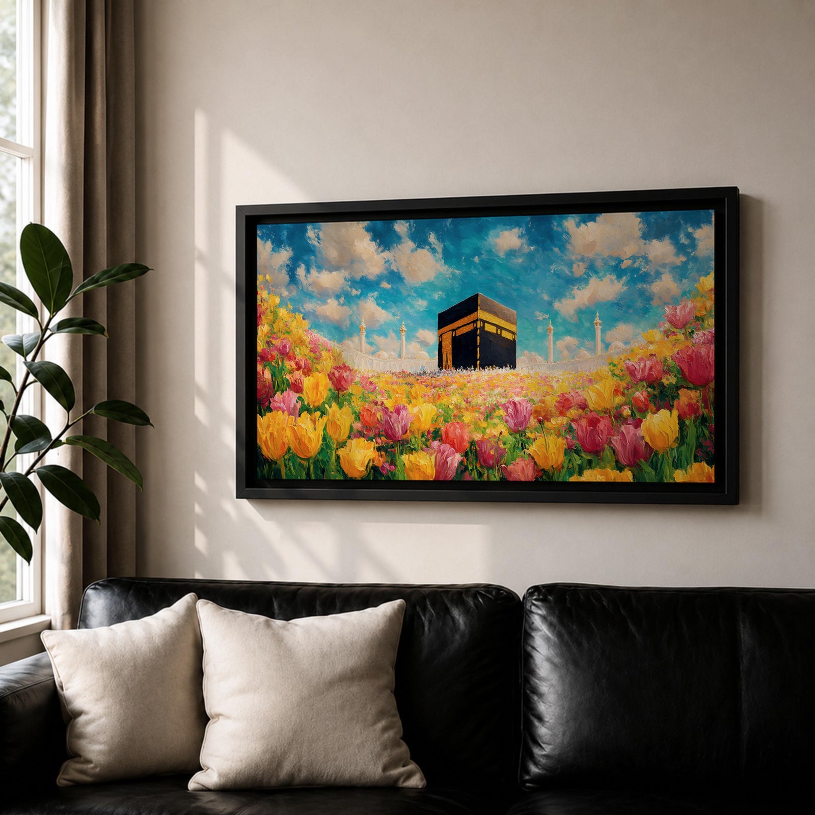 A panoramic painting of the Kaaba at Masjid Al Haram set within a vibrant field of blooming flowers, rendered in a bright impressionistic style with rich colors, textured brushstrokes, and a luminous sky, blending sacred architecture with a colorful floral landscape across an extra wide composition.