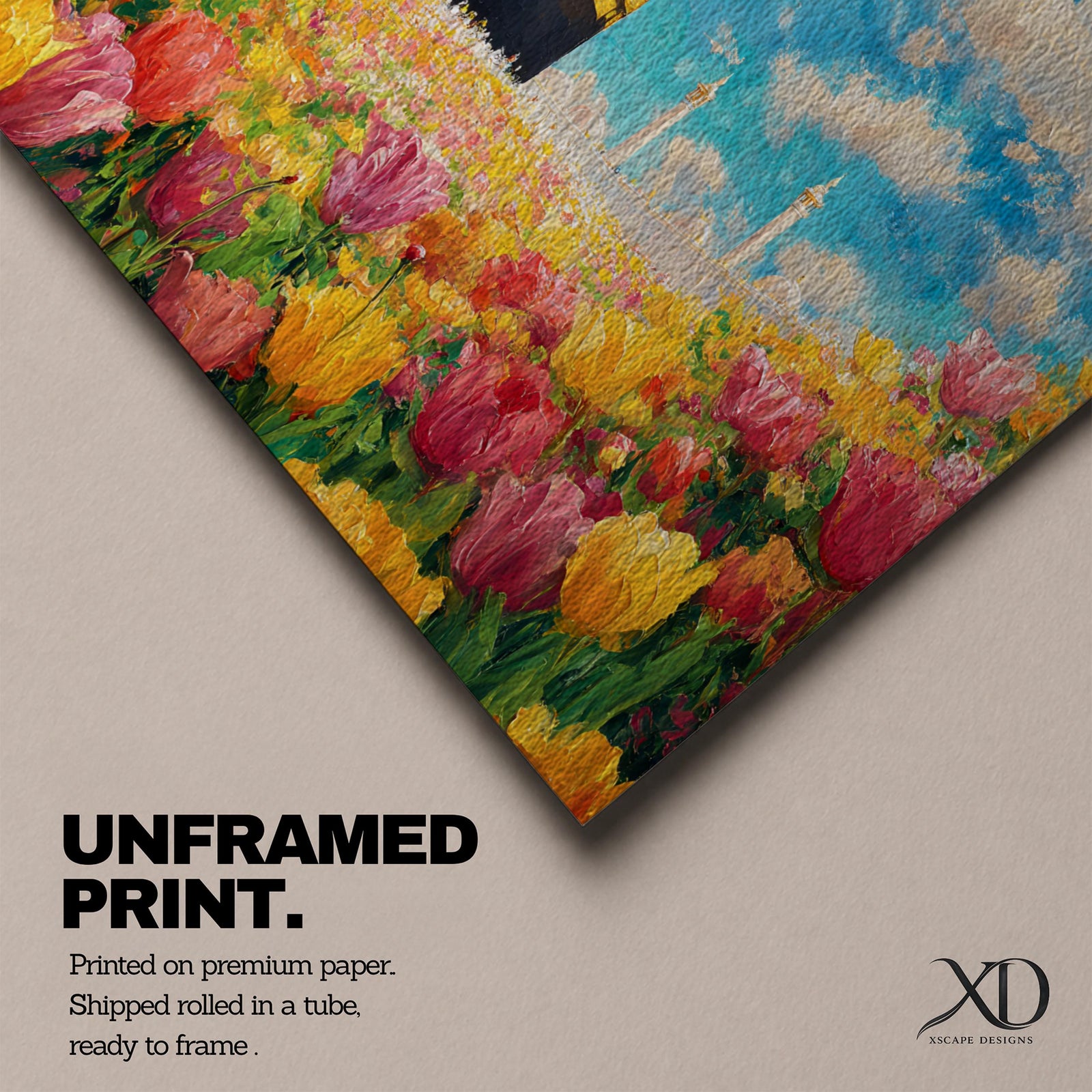 A panoramic painting of the Kaaba at Masjid Al Haram set within a vibrant field of blooming flowers, rendered in a bright impressionistic style with rich colors, textured brushstrokes, and a luminous sky, blending sacred architecture with a colorful floral landscape across an extra wide composition.