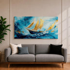 A panoramic abstract painting of a sailboat navigating powerful ocean waves, with sweeping blue tones and textured brushstrokes, featuring gold accented sails catching light as they rise against dynamic water movement, creating depth, motion, and contrast across an extra wide seascape composition.