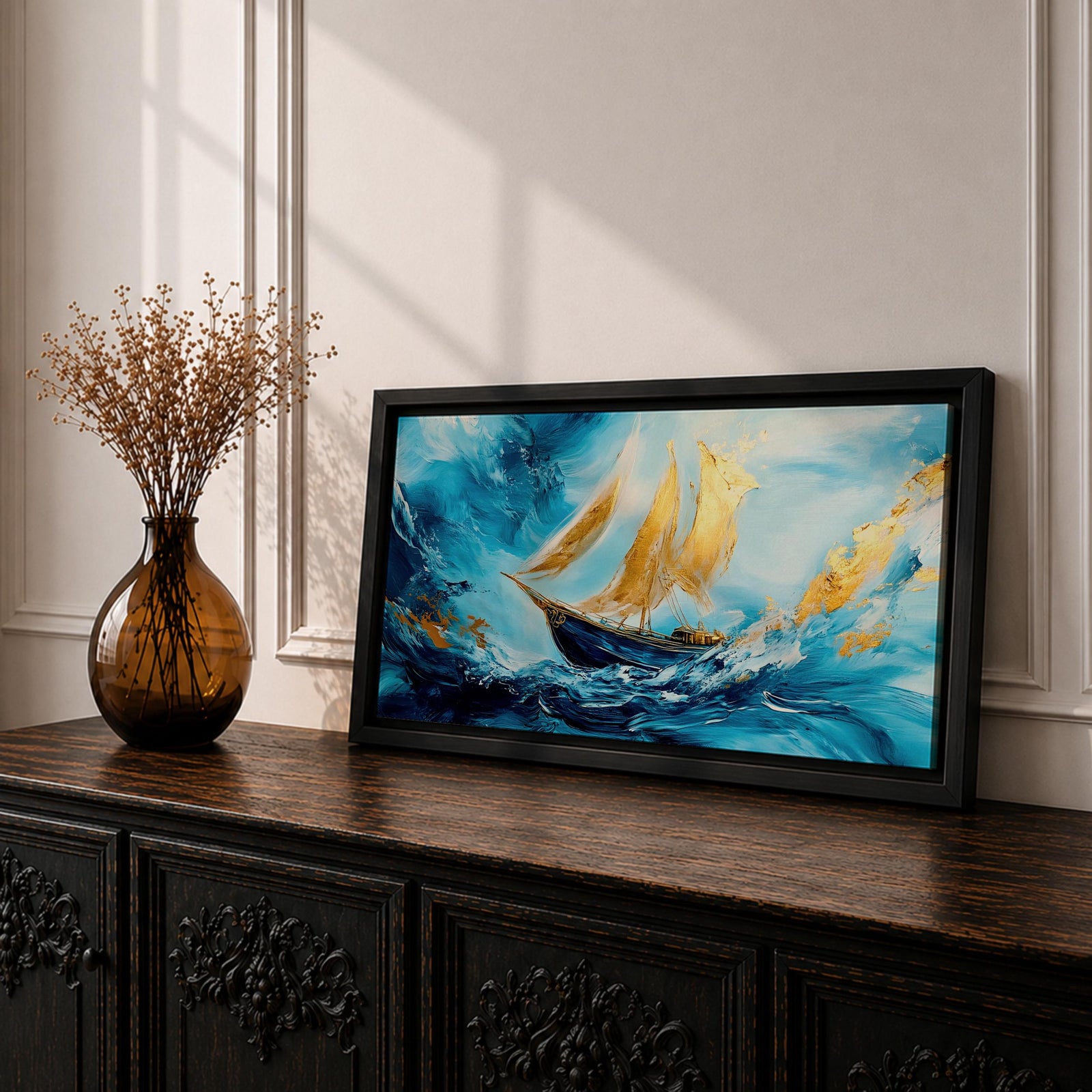 A panoramic abstract painting of a sailboat navigating powerful ocean waves, with sweeping blue tones and textured brushstrokes, featuring gold accented sails catching light as they rise against dynamic water movement, creating depth, motion, and contrast across an extra wide seascape composition.