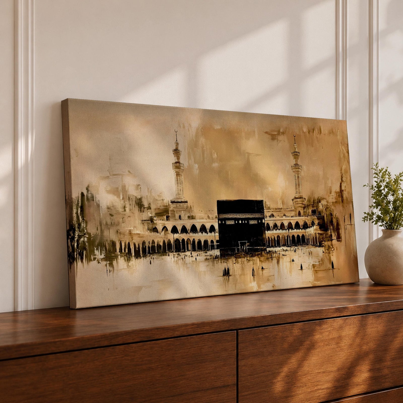 A panoramic minimalist painting of the Kaaba in Mecca with soft beige and neutral tones, featuring subtle architectural details and a calm atmospheric background.