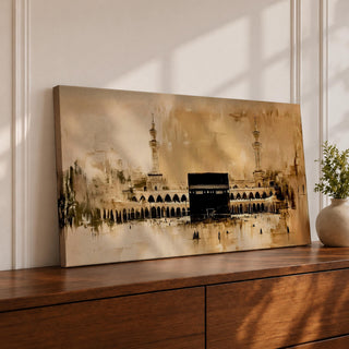 A panoramic minimalist painting of the Kaaba in Mecca with soft beige and neutral tones, featuring subtle architectural details and a calm atmospheric background.