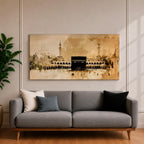 A panoramic minimalist painting of the Kaaba in Mecca with soft beige and neutral tones, featuring subtle architectural details and a calm atmospheric background.