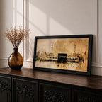 A panoramic minimalist painting of the Kaaba in Mecca with soft beige and neutral tones, featuring subtle architectural details and a calm atmospheric background.