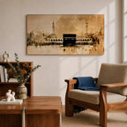 A panoramic minimalist painting of the Kaaba in Mecca with soft beige and neutral tones, featuring subtle architectural details and a calm atmospheric background.