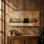 A panoramic minimalist painting of the Kaaba in Mecca with soft beige and neutral tones, featuring subtle architectural details and a calm atmospheric background.